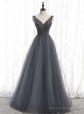 A-Line Gray Tulle V-neck Backless Beading Prom Dress